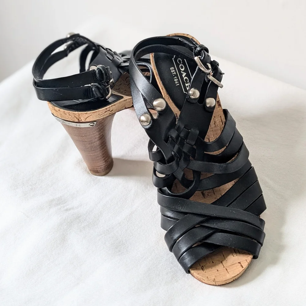 Coach Black Leather Adrienn Strappy Block Heel Cork Sandals 6.5